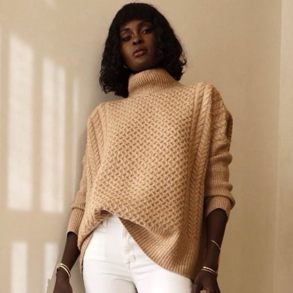 AYR Cable Knit Sweater Coastal 100% EXTRAFINE MERINO WOOL Tan Sz M